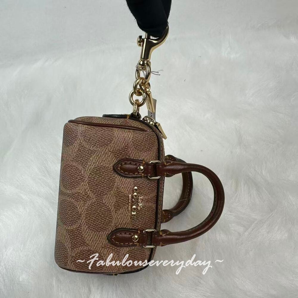 Coach Mini Rowan Bag Charm In Signature Canvas Silver/Brown/Tan CX068 NWT